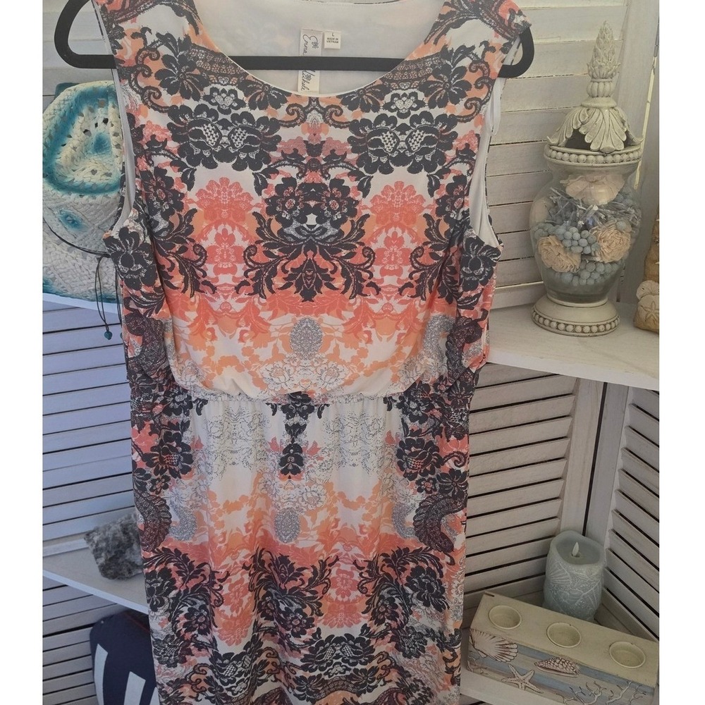 Emma & Michele Sleeveless Coral Black Damask Summer Dress Size L Ombre Stretch